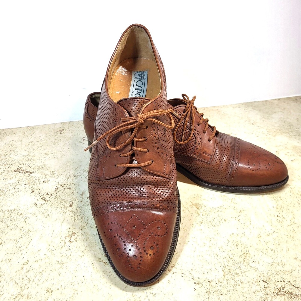 Caporicci Brown Toe Cap Brogueing Tie‎ Dot All Leather Oxford Shoe Italy 9M